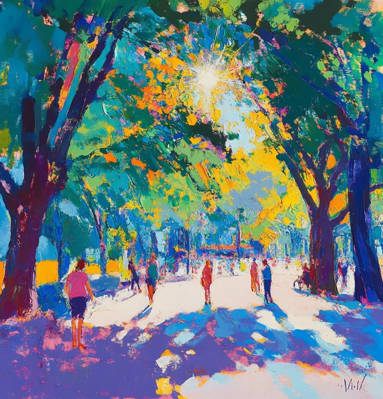 Painting of people walking down a sunlit, tree-lined park path