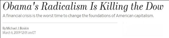Headline — a 2009 WSJ opinion piece blaming Obama's policies for the falling market, published days before the bottom