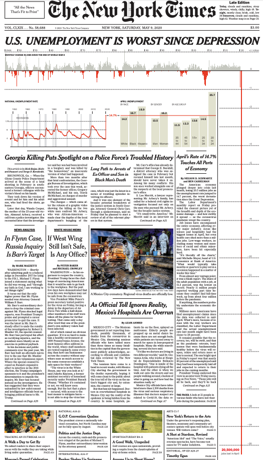 Chart — the New York Times visualization of April's 20.5 million job losses dwarfing prior recessions