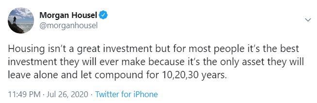 Tweet — people make more money in their home than in stocks because they can't see its price every day