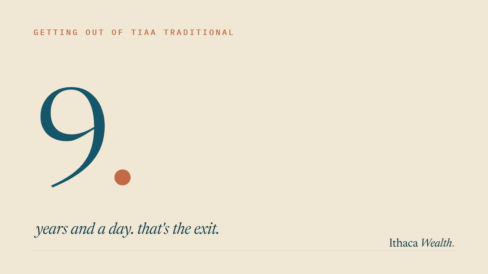 Large numeral 9 with a clay dot on a limestone background: nine years and a day to get money out of TIAA Traditional
